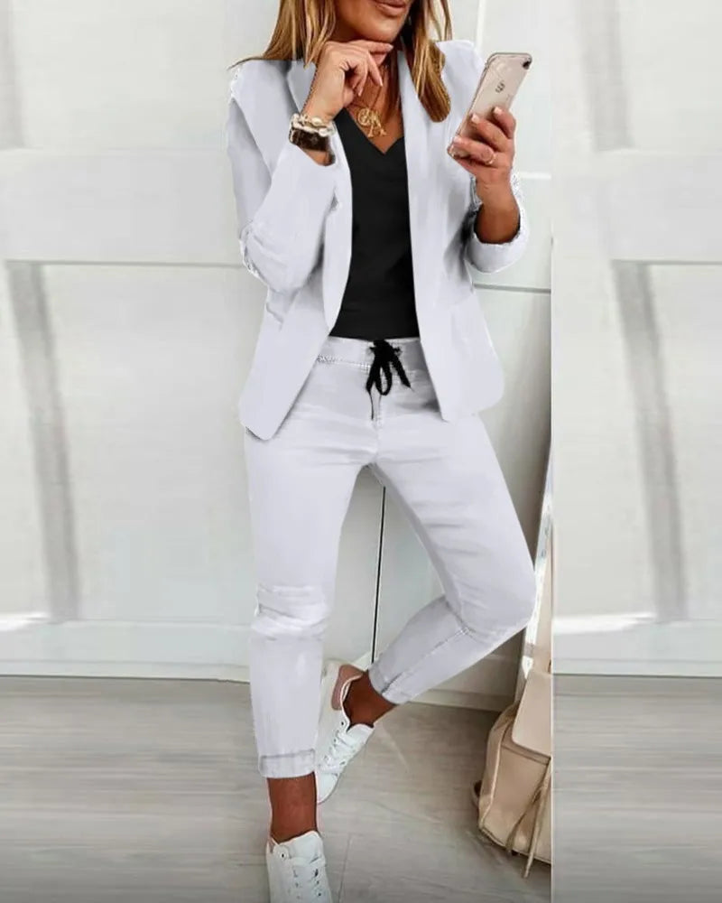 Women's Suit 2-piece Jacket + Pants Sets 2022 Autumn New Fashion Casual Turn-down Collar Long Sleeve Blazer Set Office Lady