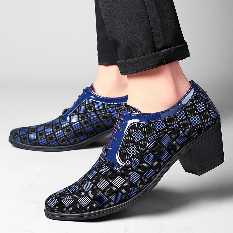 2022 New Fashion Blue Plaid Men's High Heel Shoe Pointed Leather Dress Shoes Men Lace-up Wedding Shoes Men zapatos hombre vestir