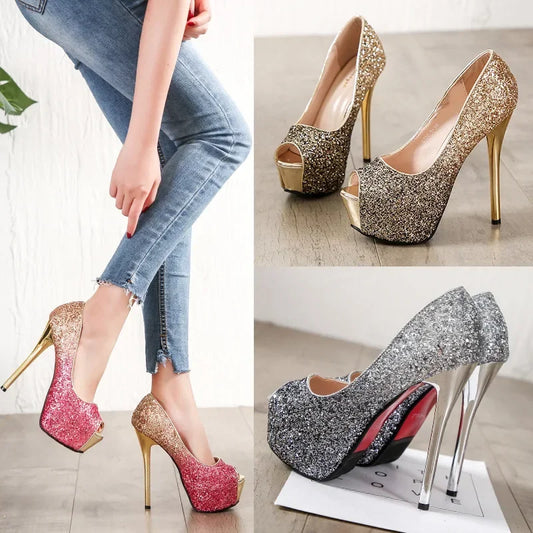 High Heels Platform Woman's Peep Toe Pumps Gold Silver Wedding Shoes Bridal Heels Banquet Ladies 2023 Elegant Women Heeled Shoes