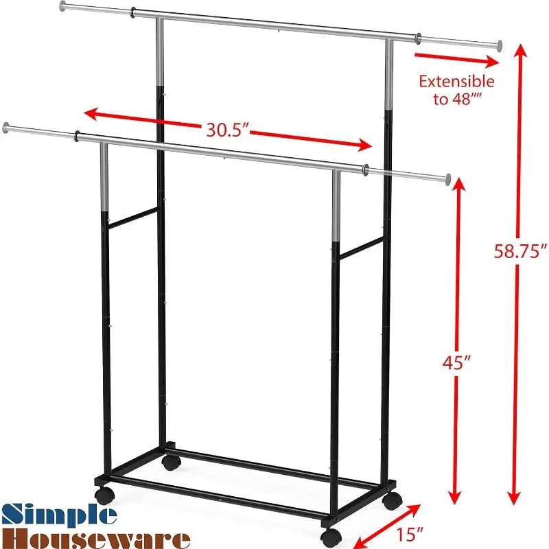 Simple Houseware Standard Double Rod Garment Rack, （Black/Silver）optional