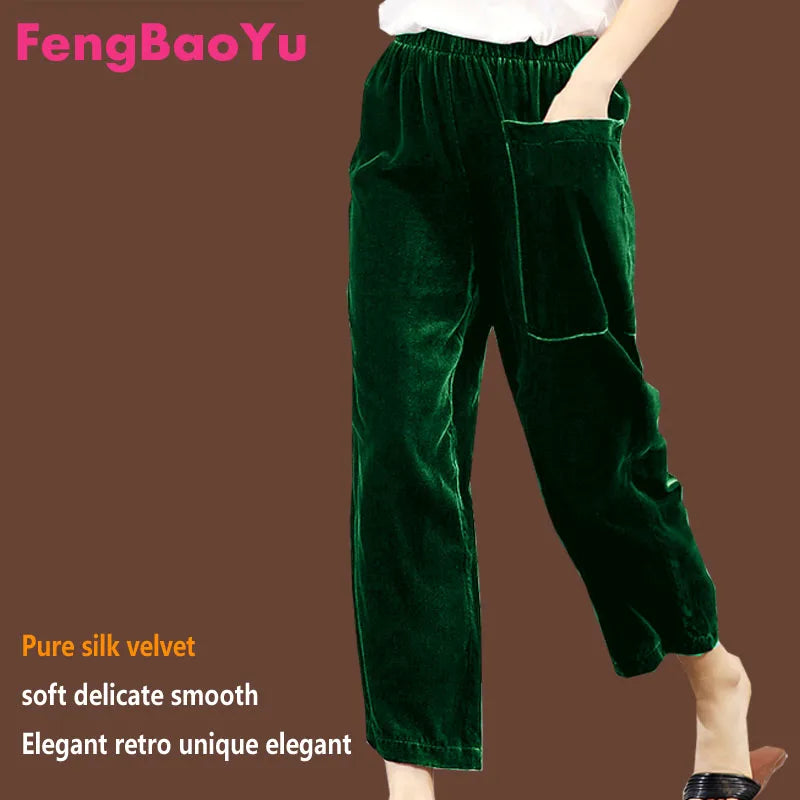 Fengbaoyu Velvet Spring Sutumn Nine-cent Straight Trousers Feeling High Waist Velvet Dark Green Pants Large Size Women's Dress