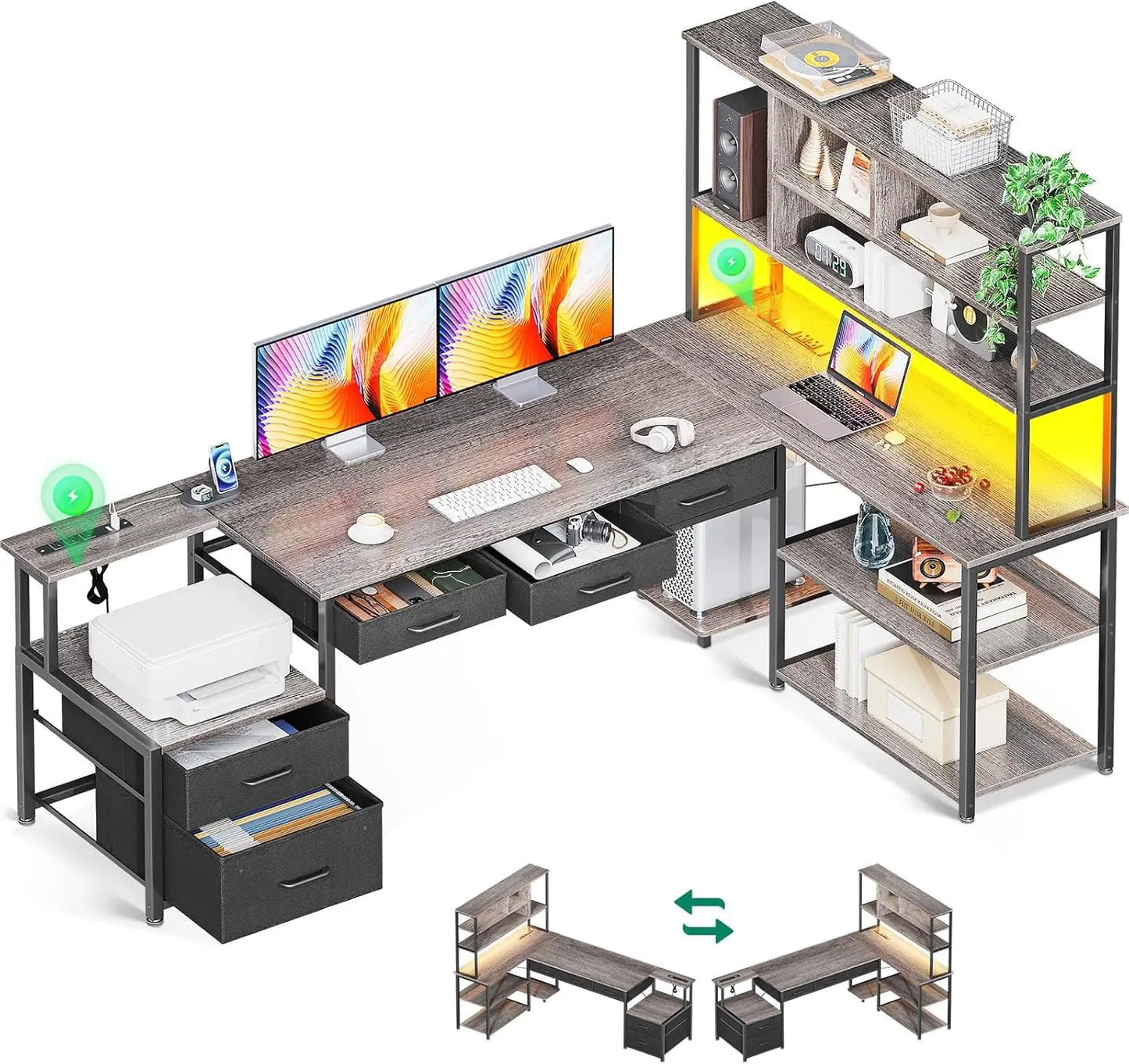 79 Inch L Shaped Desk with File Drawers，Reversible Gaming Desk with Power Outlets & LED Lights，Storage Shelves，Computer Desk