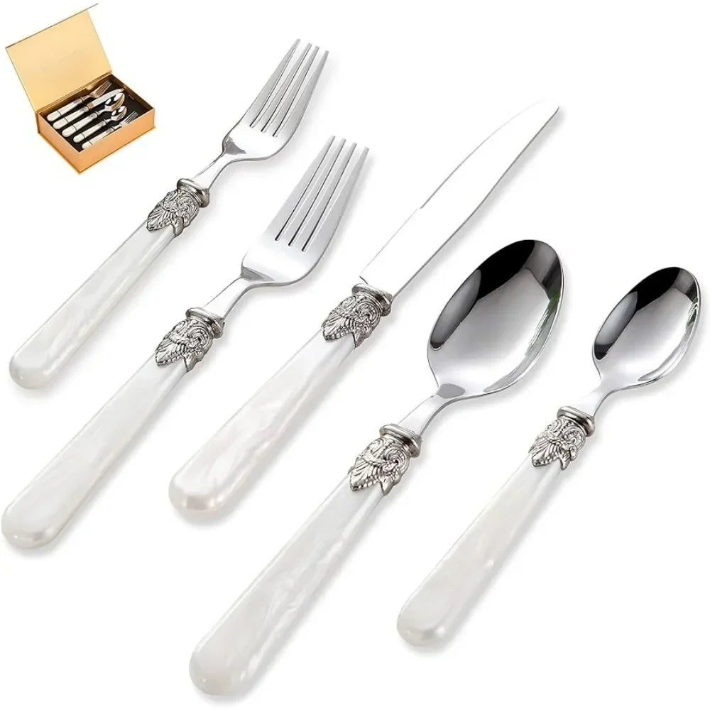 20-piece 18/10 Stainless Steel Flatware set Silverware Set Serving Utensils,Cutlery Sets Service For 4 White pearl handle 20 pcs