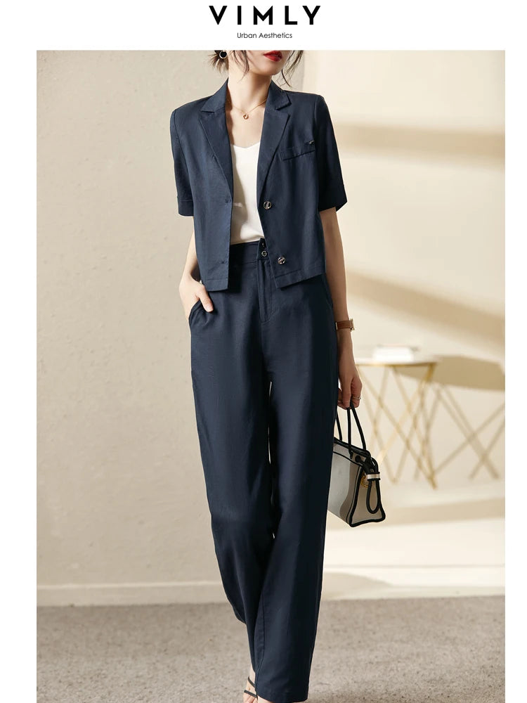 Vimly Office Ladies Cropped Blazer Suit for Women Cotton Linen Elegant Summer Outfits 2024 Wide Leg Pant Two Piece Sets V3210