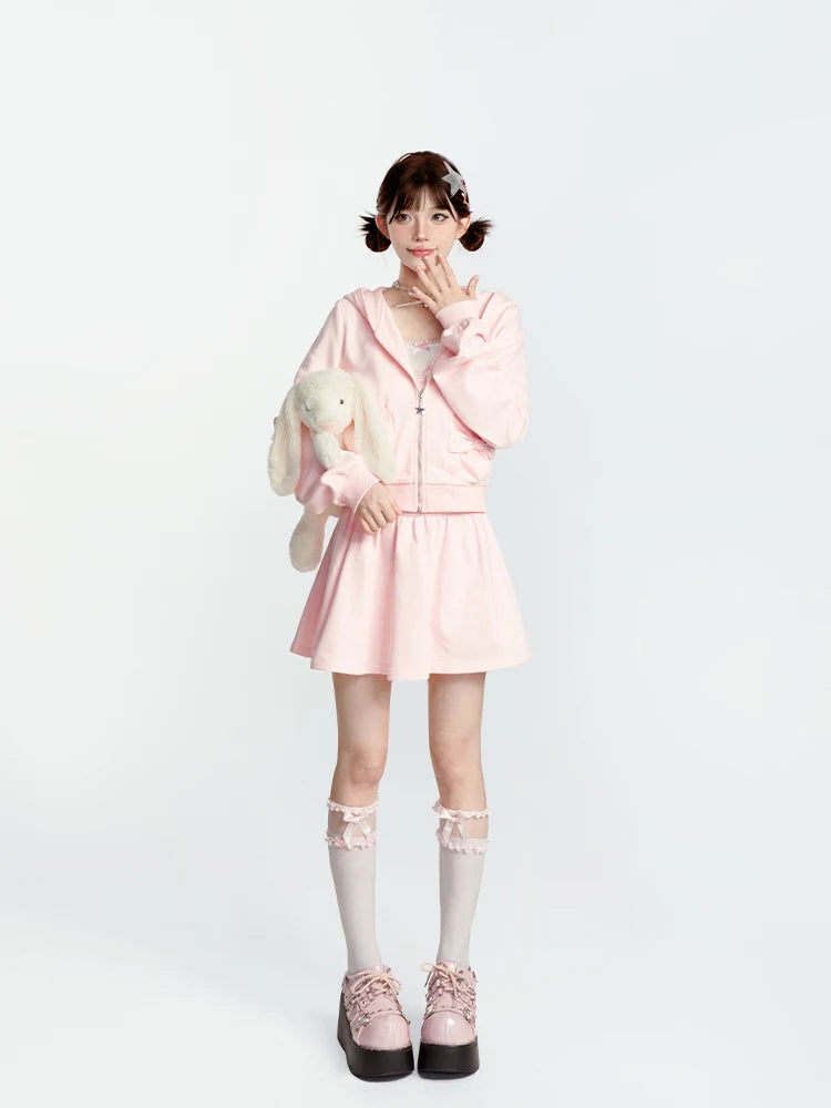 Japanese Style Sweet Pink Sweatshirt Set Y2k Girl Hooded Zipper Hoodies High Waist A-line Pleated Mini Skirt Two-piece Set Women