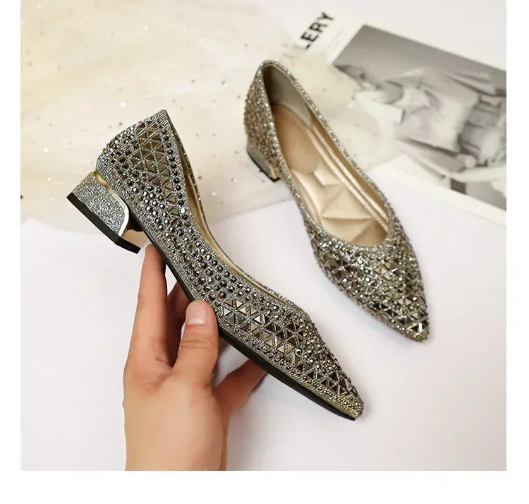 Women's Pumps 2024 New Crystal Pointed Toe Low Heeled Party Bride Wedding Shoes Fashion Loafers Elegant Ladies Dress High Heels