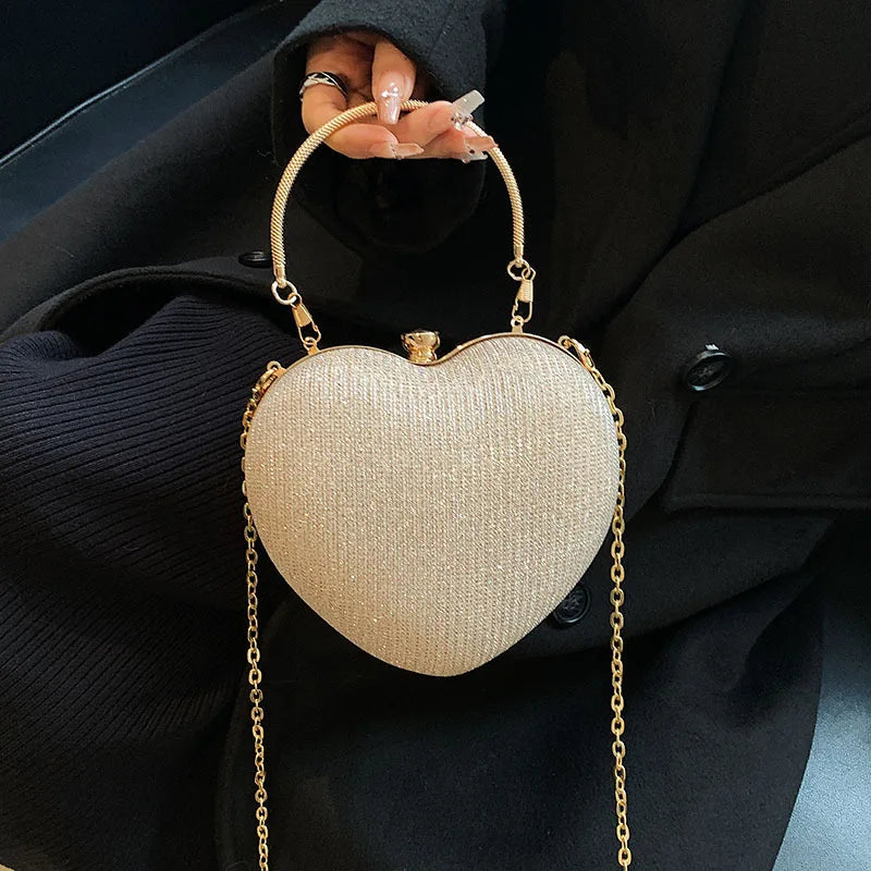 Evening Clutch Bag Women Bag Shiny Handbag Heart Shape Metal Clutches Bag Fashion Chain Shoulder Crossbody Bag Luxury Lady Purse