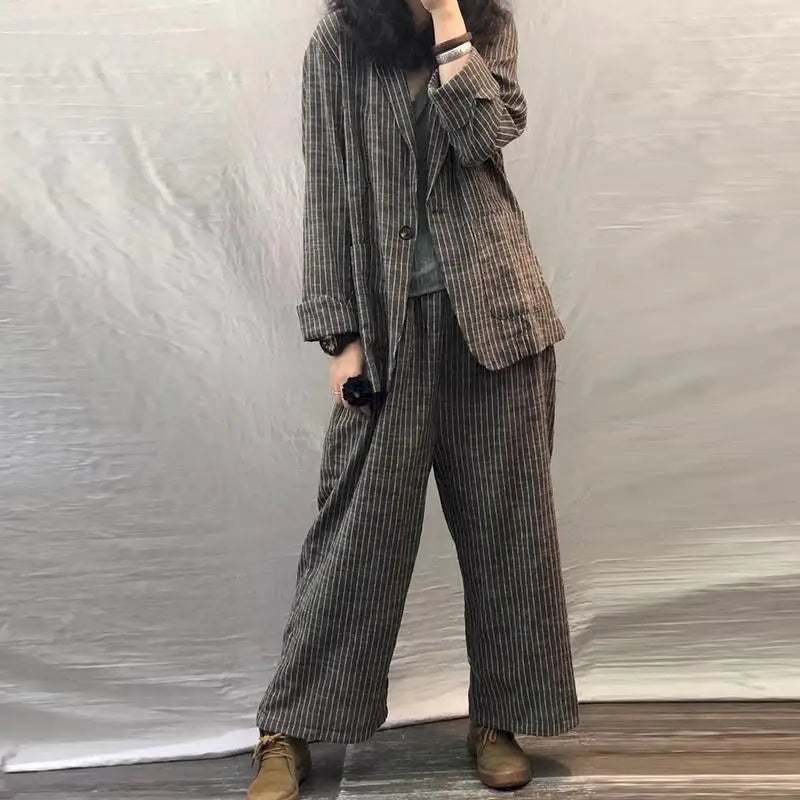 2024 Spring Autumn Women Suit Large Size Casual Suits Fashion Art Retro Loose 2 Piece Set Women Suit Blazer And Pants Linen Set