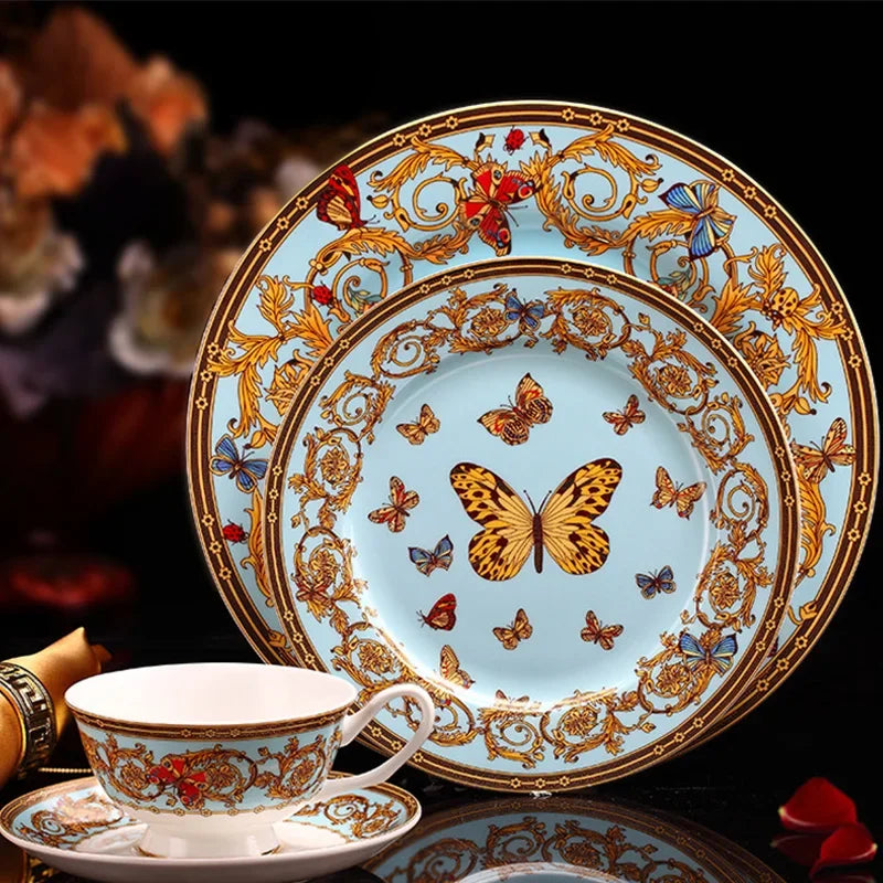 4 pcs /set Bone China Western Food Plates Coffee Cup Saucer Set Luxury Dinner Tableware Set Steak Plates Cups And Saucers Kit