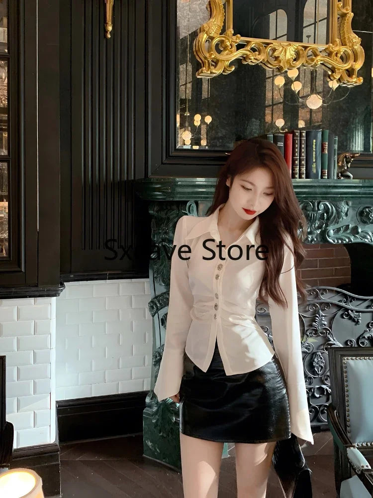 2024 Spring Design Elegant Stain Shirts Office Lady Korean Style Fashion Blouse Women Long Sleeve Button Y2k Tops Female Outwear