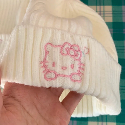 Cute Children Hello Kitty Knitted Hat Girls Women Casual Beanie Hat Lady Fall Winter Soft Warm Wool Hat Kids Warm Ear Head Cap