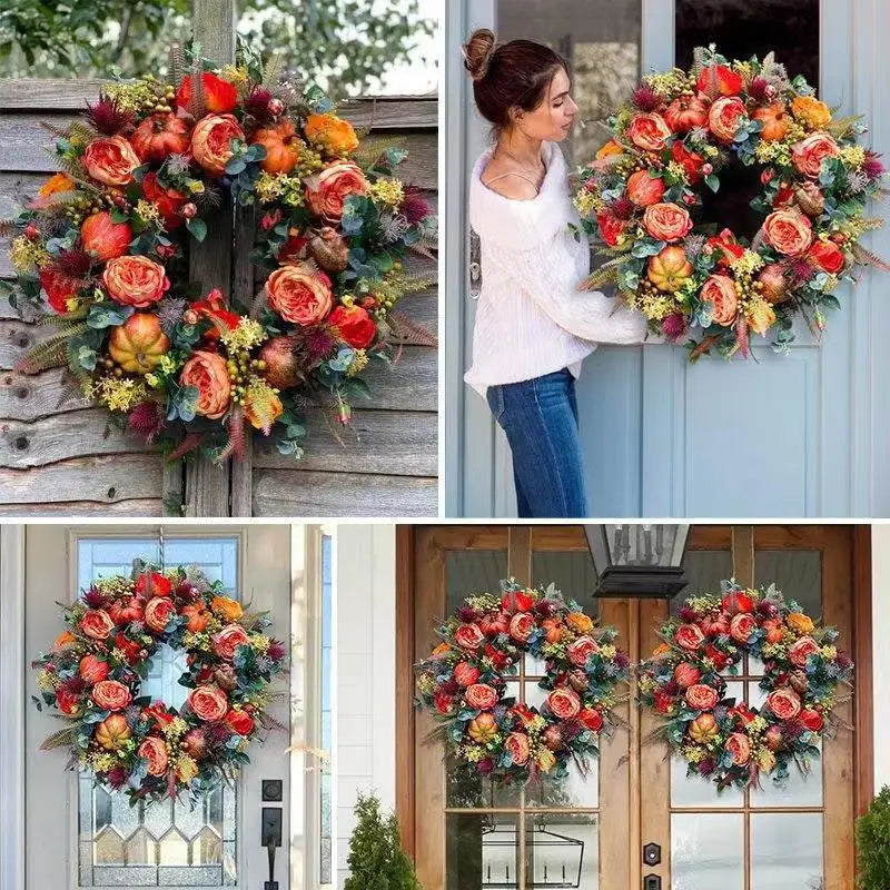 Halloween Fall Peony Pumpkin Wreath Simulation Garland For Front Door Farmhouse Decor Festival Celebration Thanksgiving Wreath