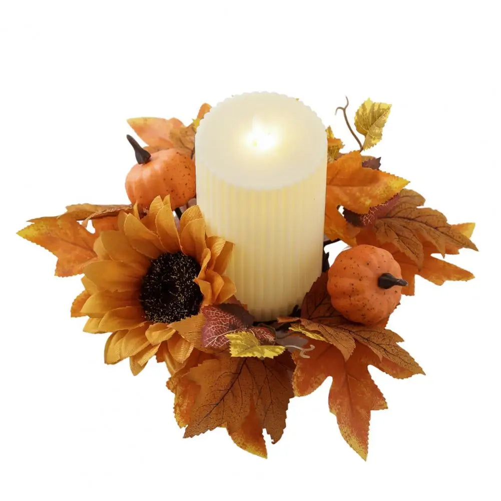 Autumn Table Decoration Fall Harvest Candle Ring Wreath Set with Artificial Pumpkins Sunflowers Maple Leaves Boho for Home