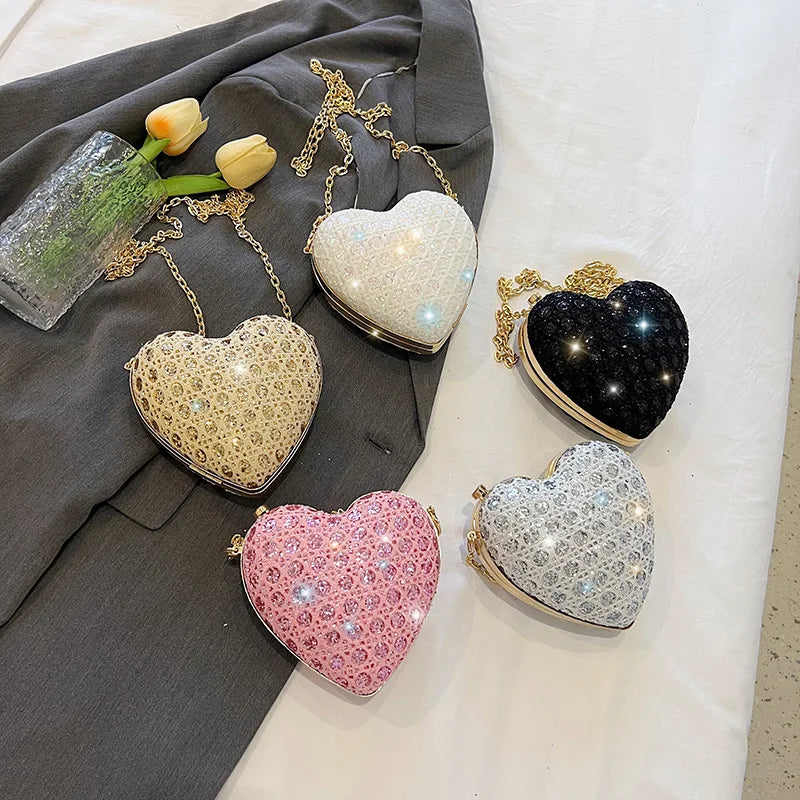 Shiny Rhinestones Women Heart Shape Clutch Purse Lady Gold Evening Minaudiere Bags Bridal Wedding Handbags Formal Party Purses