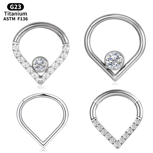 F136 G23 Titanium Hinged Teardrop Segment Ring Septum Nose  Clicker Piercing zircon Lip Labret Ear Cartilage Daith Helix Earring