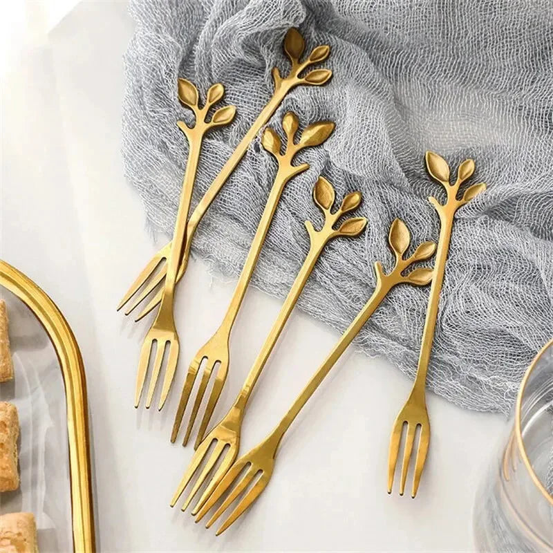 5Pcs Luxury Stainless Steel Fruit Fork Gold Color Leaf Shape Flatware Coffee Stirring Snack Cake Dessert Fork Kitchen Tableware