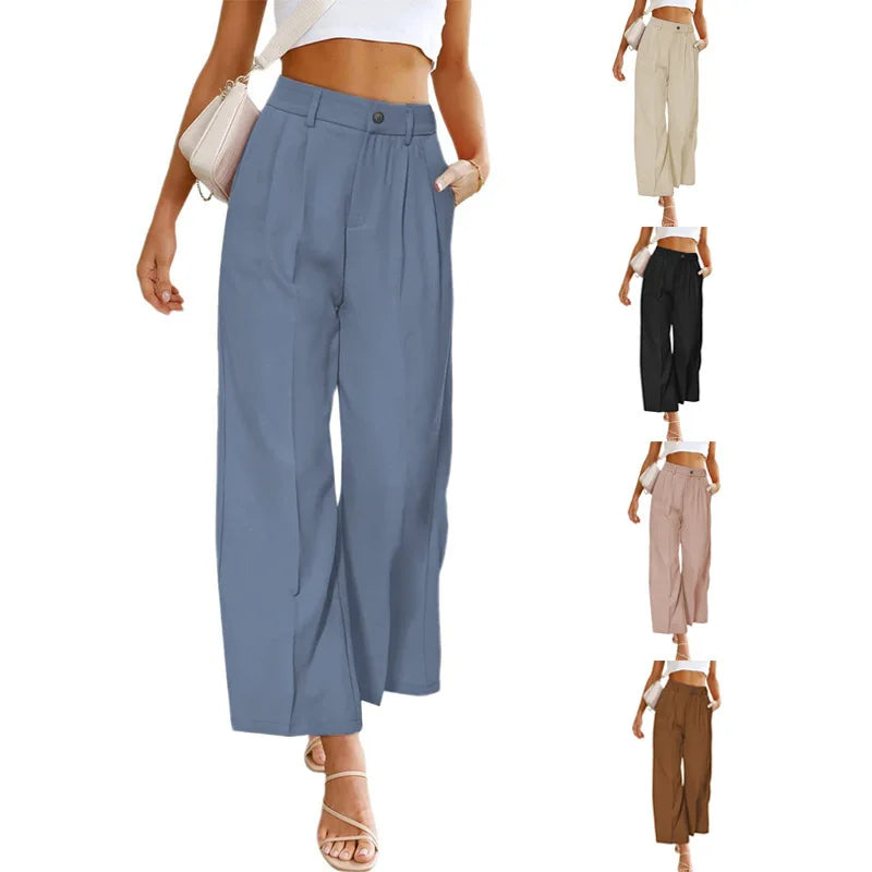 2023 the spring and autumn period and the new women's leisure wide-legged dress pants of tall waist button long belt pockets