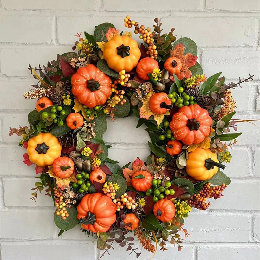 45cm Fall Wreaths for Front Door Autumn Maples Leaf Pumpkin Pine Cone Berry Wreath for Thanksgiving Farmhouse Fall Decorations