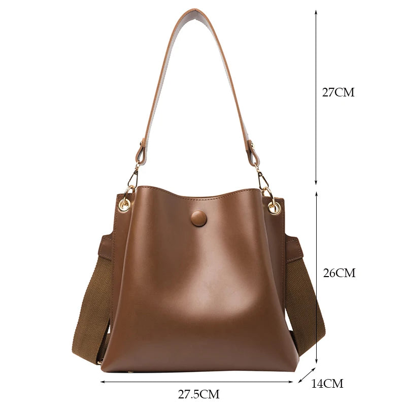 Fashion Ladies Handbags Big Bucket Bag Elegant Wide Shoulder Strap Shoulder Bags for Women Soft Leather Crossbody Bag Wallet