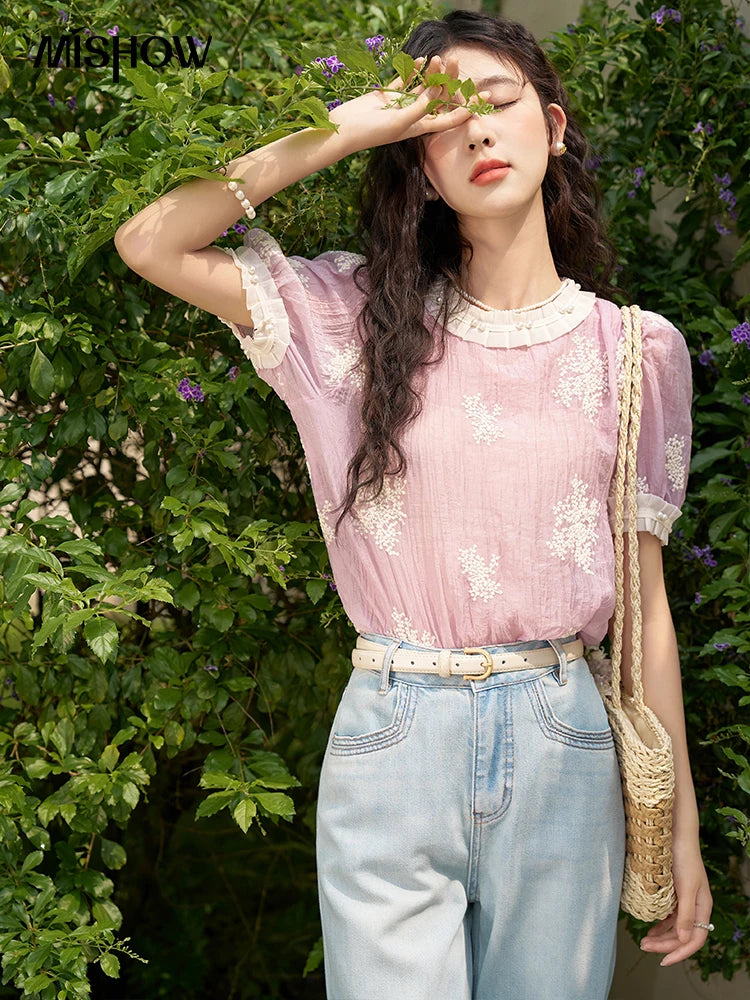 MISHOW Summer Puff Short Sleeve Shirt Women 2024 Crew Neck Print Blouse Lady French New Patchwork Tencel Sweet Tops MXD24X1512