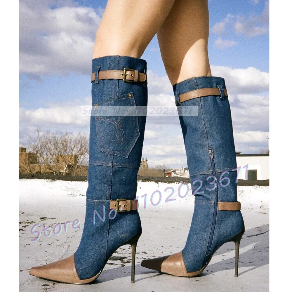 Mixed-Denim Knee High Boots With Buckle Women Newest High Heels Splicing Shoes Brown Pointed Toe Office Ladies Casual Women Boot