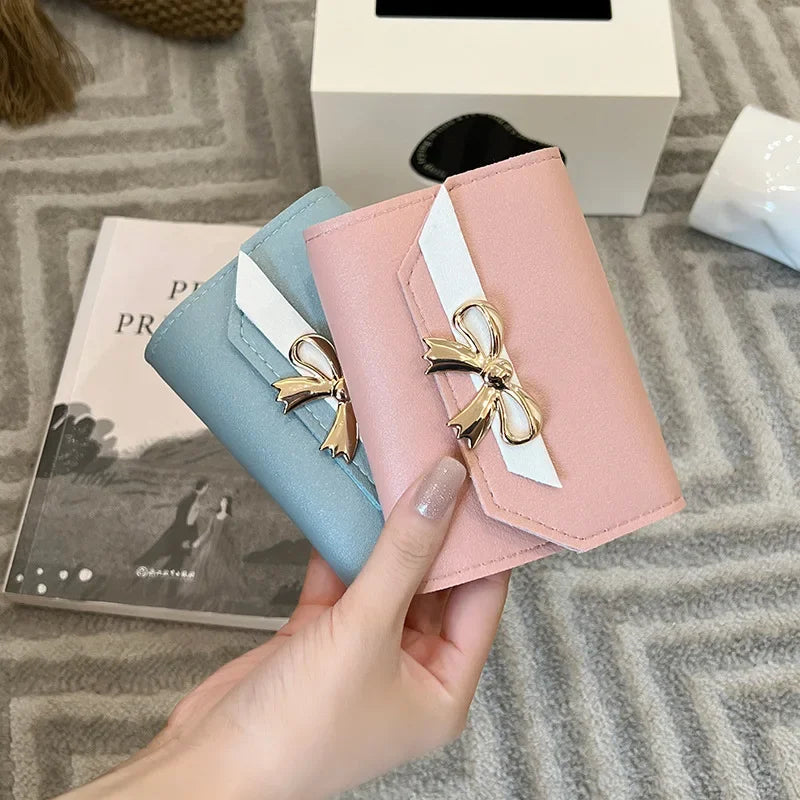 Women Wallet Foldable Portable Ladies Short Coin Purses Fashion Cute Bow Clutch Bag PU Leather Quality Female Card Holder Purse