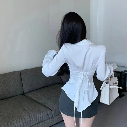 2024 Autumn Long Sleeve White Shirt Tops Women's Fashion Slim Blouses Ladies French Style Elegant Chic Back Lace-up Shirts Blusa