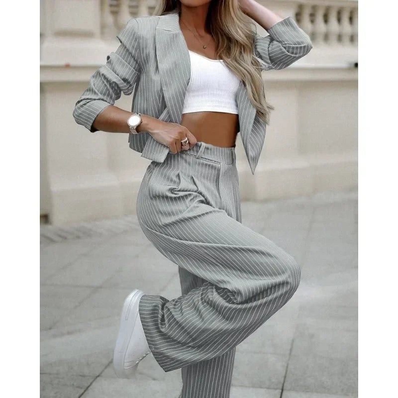 2024 Spring Summer New Women's Suit Solid Color Striped Short Style Lapel Suit Straight-Leg Pants Suit Blazer Jacket Long Pants