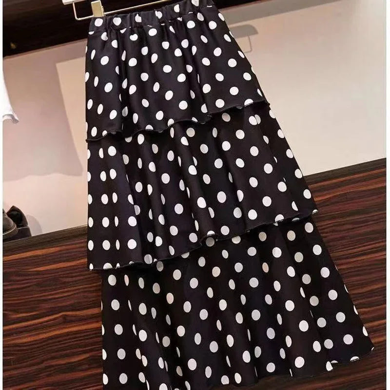 Summer Fashion Bohr Dot Slim Four Layers Chiffon Skirt Women Classic High Classic  Korean All-match Lady Casual Cake Skirt