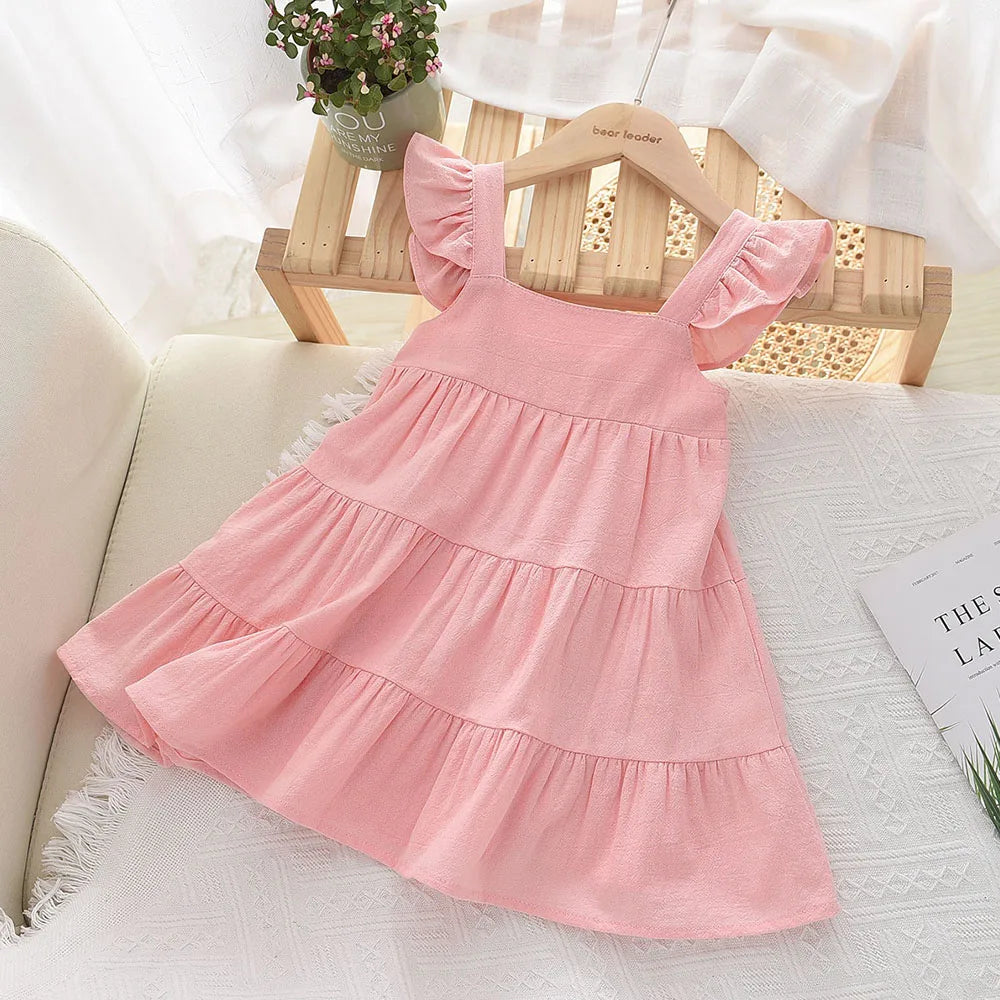 Bear Leader Girls' Dress 2023 Summer New Casual Girls' Sleeveless Ruffle Dress Princess Dress Cute Solid Color Fashion Dress