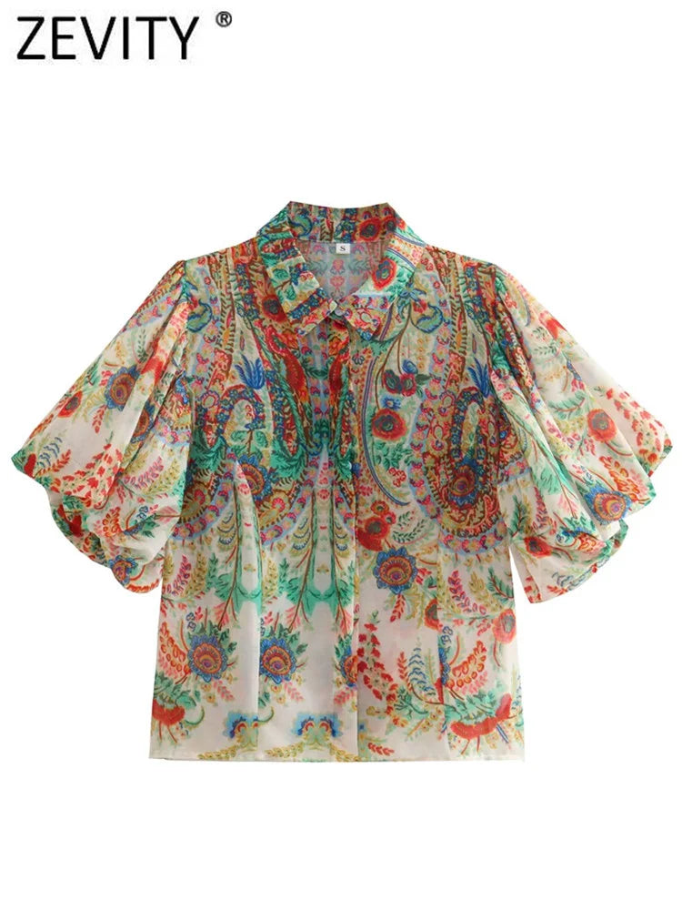 Zevity Women Vintage Totem Flower Print Pleated Puff Sleeve Blouse Office Lady Breasted Shirt Chic Chemise Blusas Tops LS5451