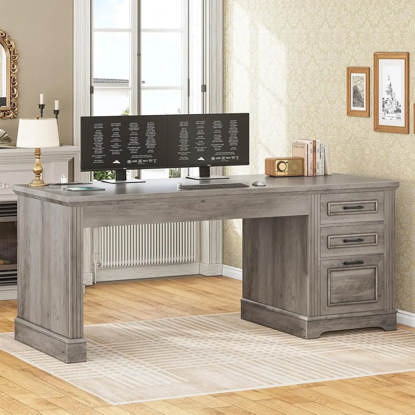Office Desk with 3 Drawers, 55" Executive Computer Desk with Storage Drawers, Farmhouse Desk with Power Outlet for Home Office