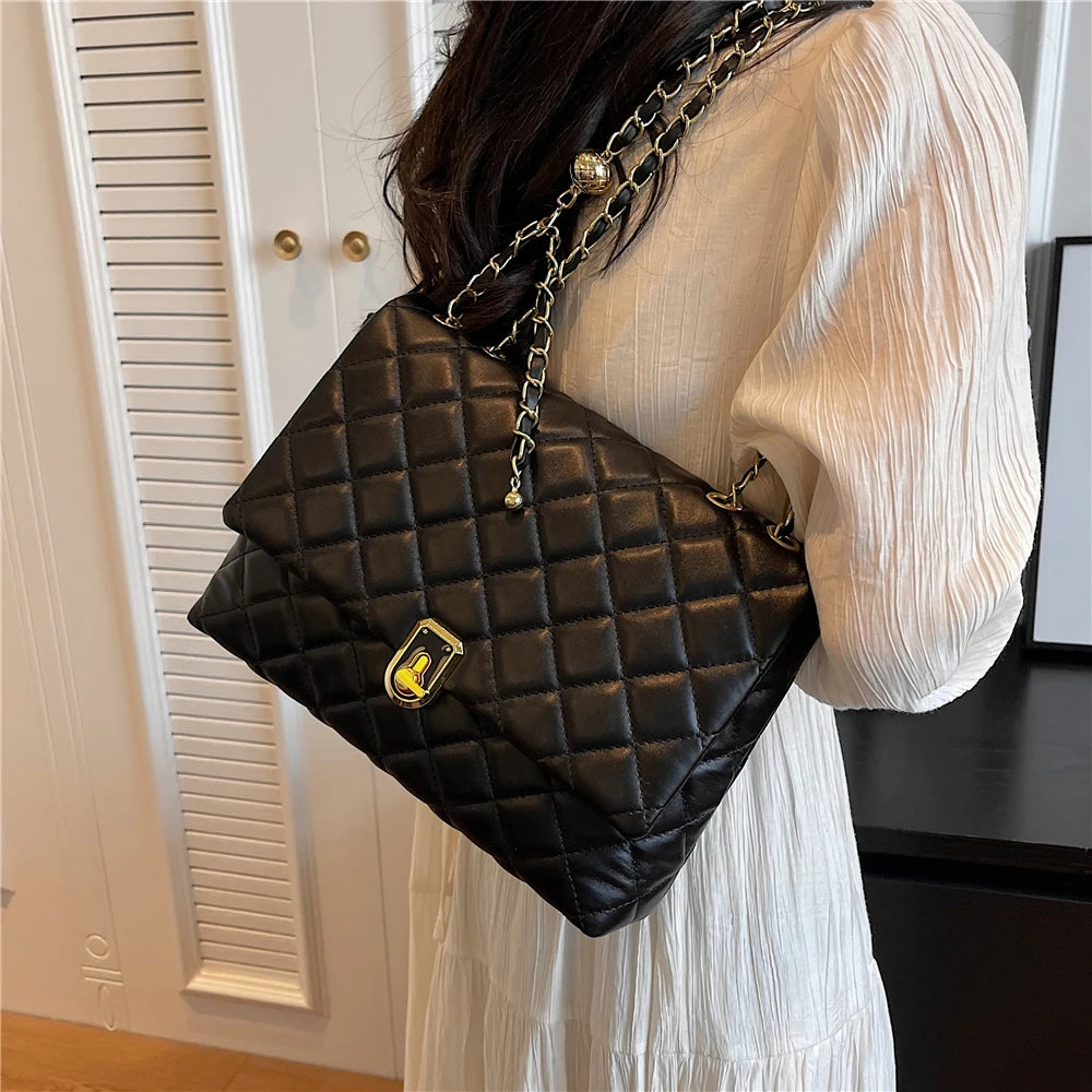 Hifashion Quilted PU Leather Double Chain Shoulder Bags For Women 2024 Trend Designer Crossbody Flap Ladies Handbags And Purses