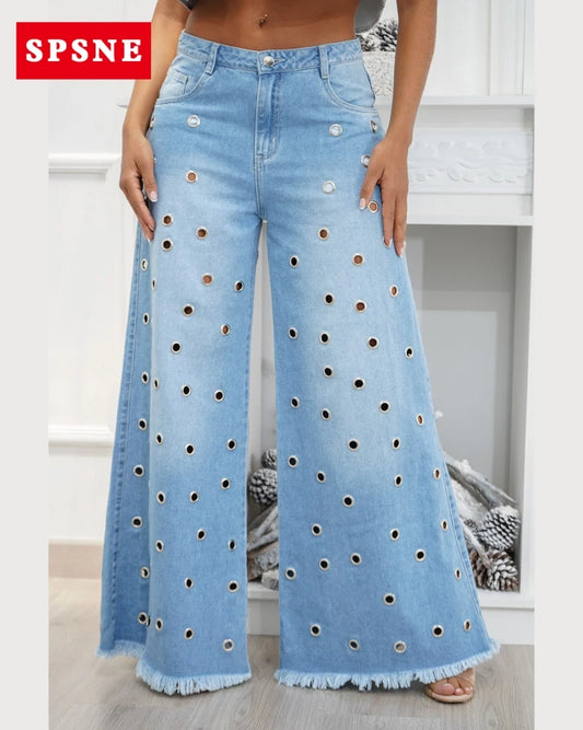 Pants palazzo eyelets 2024 Fashion Y2K Blue Jeans Women Stretch Jeans Femme High Waist Trousers Vintage Casual Comfort Denim