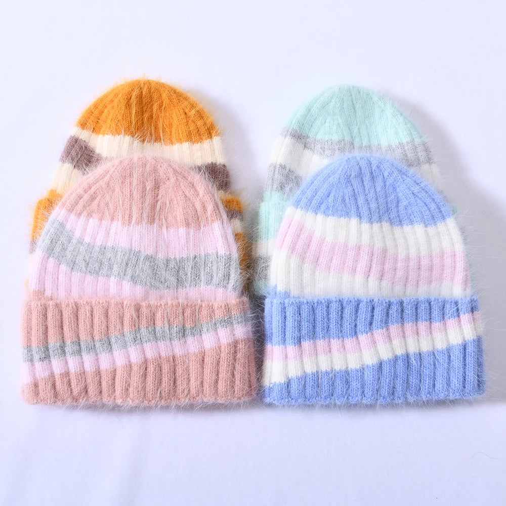 Jxwatcher Winter Long Rabbit Fur Knitted Beanie Hats Ladies Casual Thicken Warm Three Color Joining Together Bonnet Female Fall