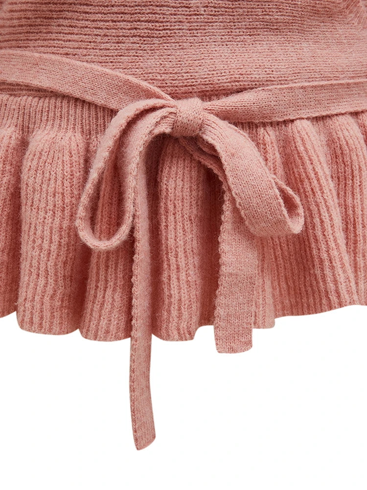 ONELINK Pink Autumn Winter Plus Size Women Woolen Pullover Sweater V Neck Cross Wrap Ruffle Hem Belt Waist Oversize Clothing