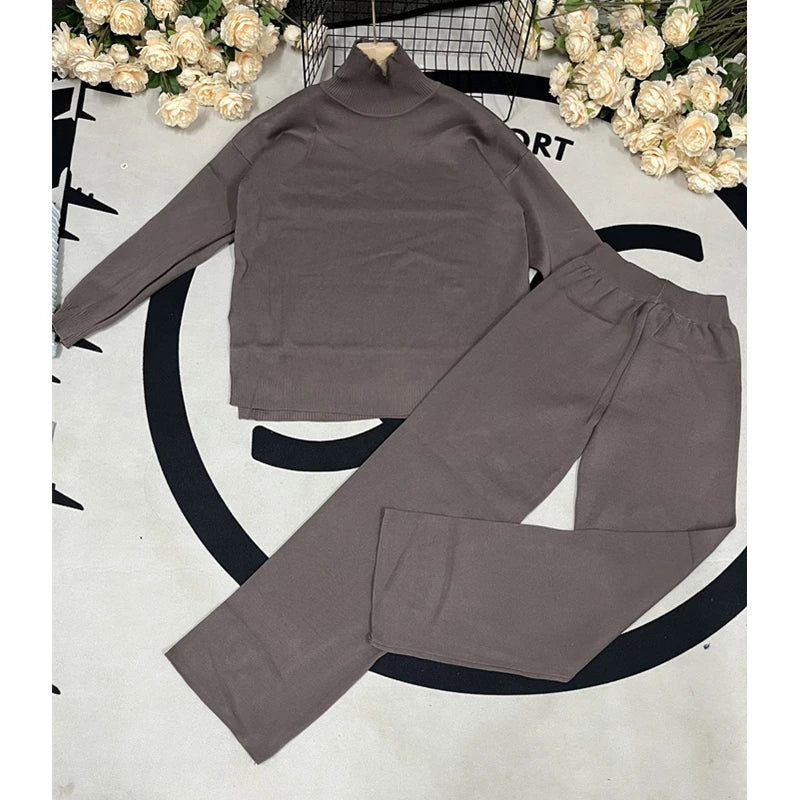 Autumn Winter 2 Pieces 2023 New White Women Sets Knitted Tracksuit Turtleneck Sweater and Straight Jogging Pants Suits Ladies