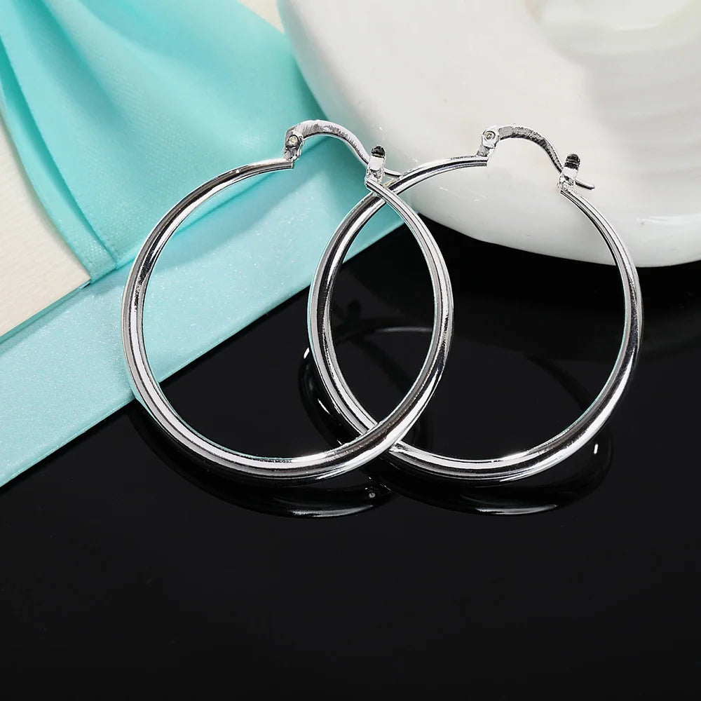 925 Sterling Silver Earrings 4cm circle Christmas gift charms Retro  women Lady Hoop round earring jewelry best