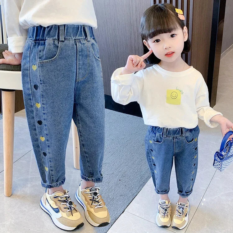 Girls' Pants Spring Fall 2024 Children'S Pants Spring Baby Jeans Medium Children Embroidered Stretch Pants Athletic Trousers