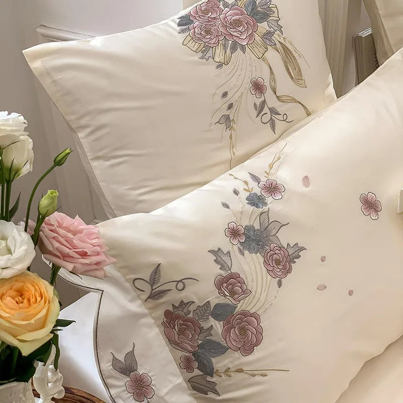 4Pcs Chic Rose Blossom Embroidery Duvet cover 1000TC Egyptian Cotton Patchwork Blue White Bedding set 1 Bed Sheet 2 Pillow shams