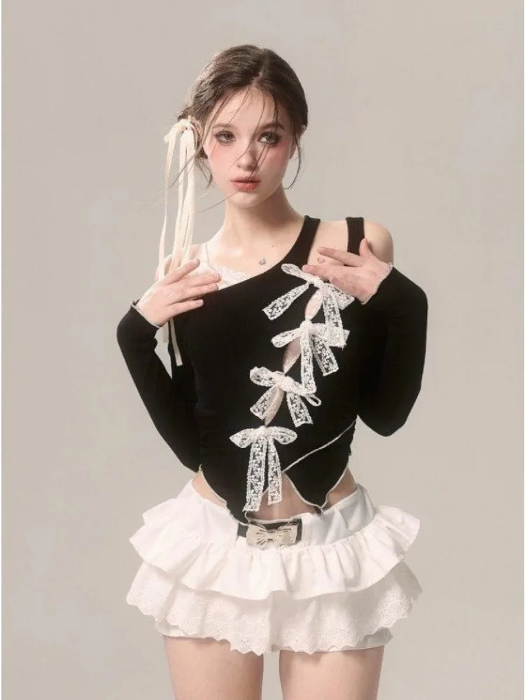 Summer Women Lace Fake Two Piece Blouse Japanese Style Bow Kawaii Y2k T Shirt Spicy Girl Aesthetics Slim Fashion Tees Chic