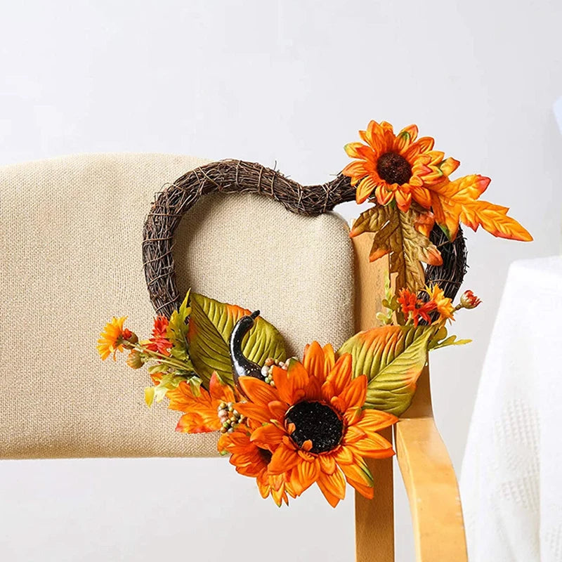 Artificial Fall Wreath For Front Door Porch, Autumn Wreath With Heart Shaped Sunflower Pumpkin Gourd Maple Leaves