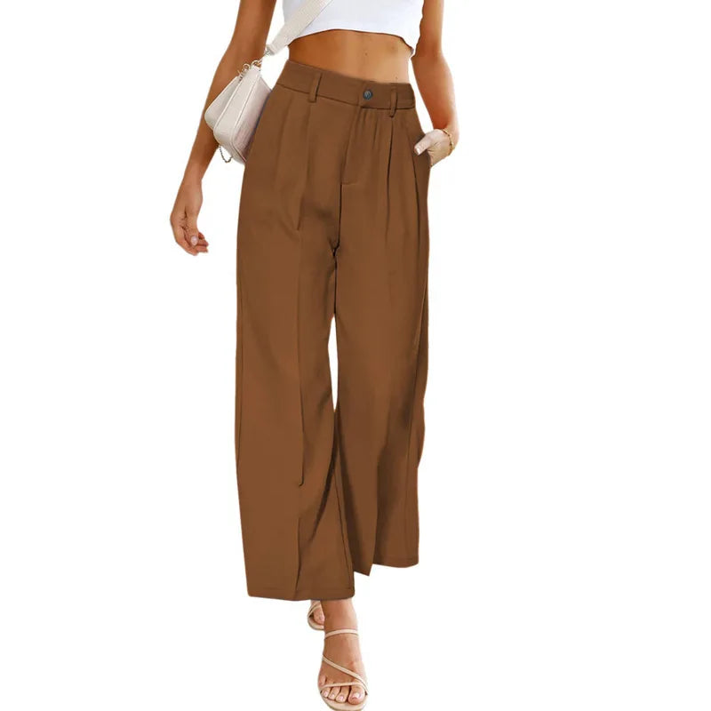 2023 the spring and autumn period and the new women's leisure wide-legged dress pants of tall waist button long belt pockets