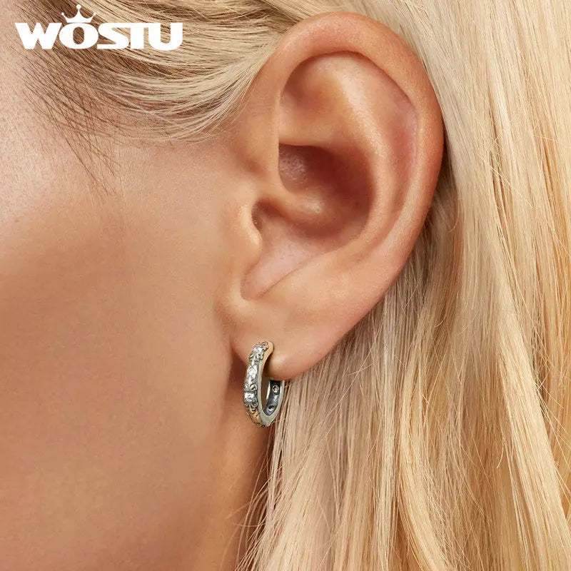 WOSTU Vintage 925 Sterling Silver Retro Flower Earrings For Women Shiny CZ Ear Hoop Gift For Mom's Lady Party Dating Jewelry