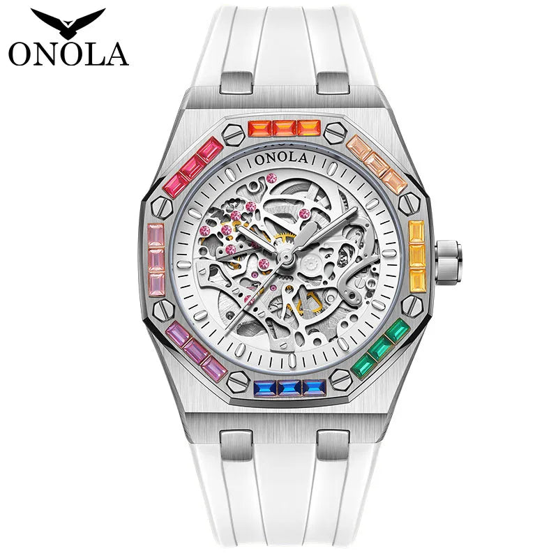 ONOLA Fashion Mens Automatic Watches Luxury Waterproof Rainbow Ice Diamond Sport Silicone Strap Men Mechanical Wristwatches 2024