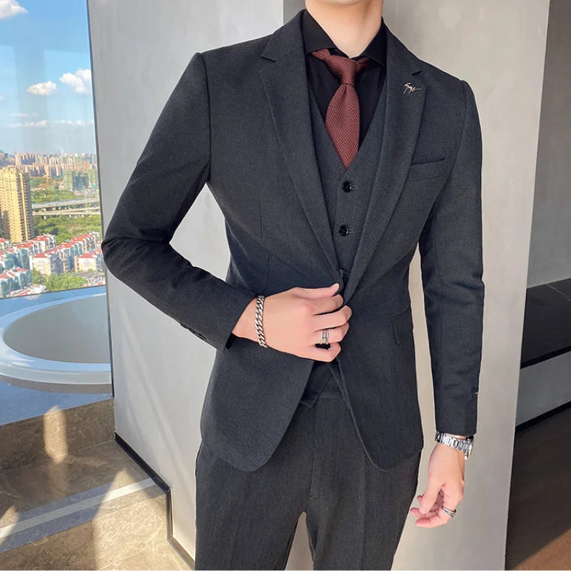 (Jackets+Vest+Pants) 2022 New Men's pure cotton business Blazers/Man slim fit three-piece casual suit/Fashion groom dress S-3XL