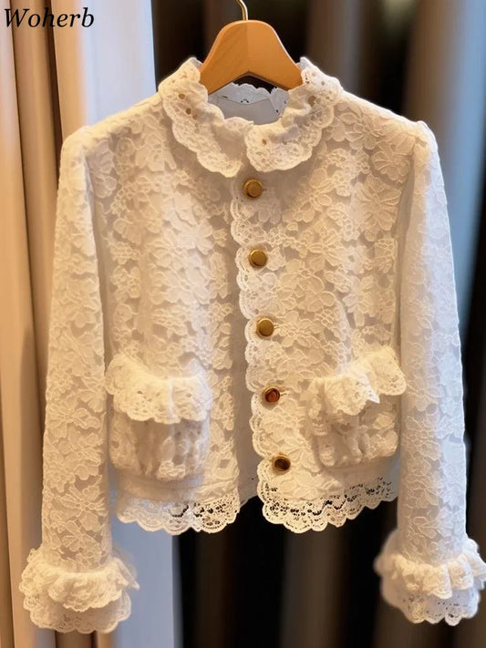 2024 Ropa Mujer Lace Temperament Women Y2K Coat O-neck Long Sleeve Pocket  Tops Office Lady Vintage Chic Solid Color Jackets