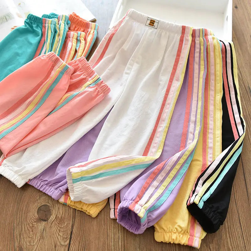 Fall girls' ice silk cotton rainbow striped casual pants Loose large children's baby girls thin tracksuit pants 1 to10 years old