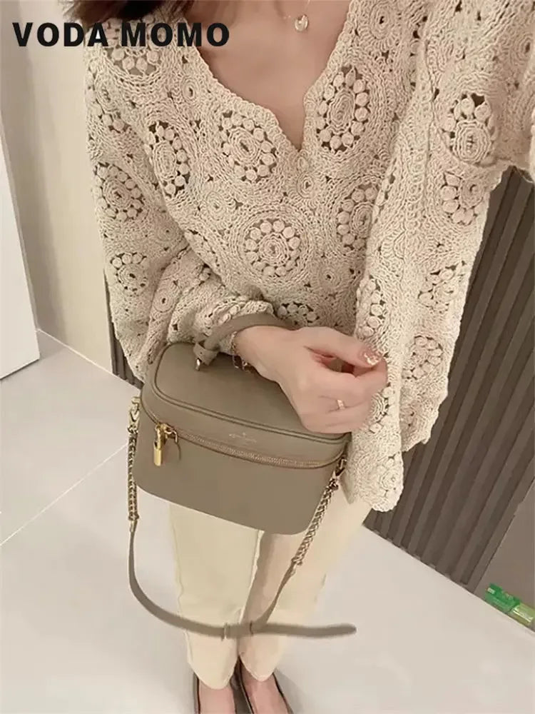 Women New Spring Summer Fashion Knitted V-Neck Cardigan Office Lady Full Sleeve Tops Femme Loose French Style Sexy Hollow Lace