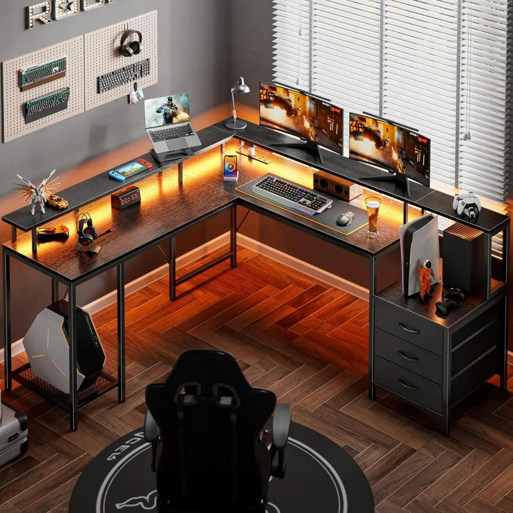 L Shaped Gaming Desk with LED Lights and Power Outlets, Computer Desk with 3 Drawers, 66.1 Inches Corner Desk